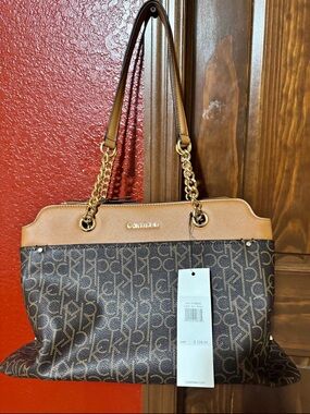 Calvin Klein Brown Logo Shoulder Bag with Tan Trim and Gold Hardware